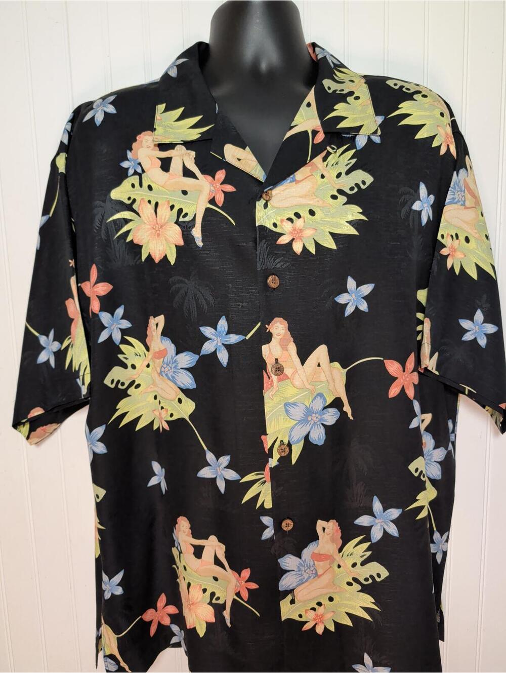 Tommy Bahama Black 90's/00's Tropical Pinup Print Camp  100%Silk Shirt XL